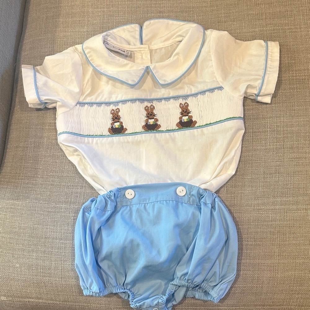 Charming Blue and White Boys smocked bubble with Bunny Embroidery